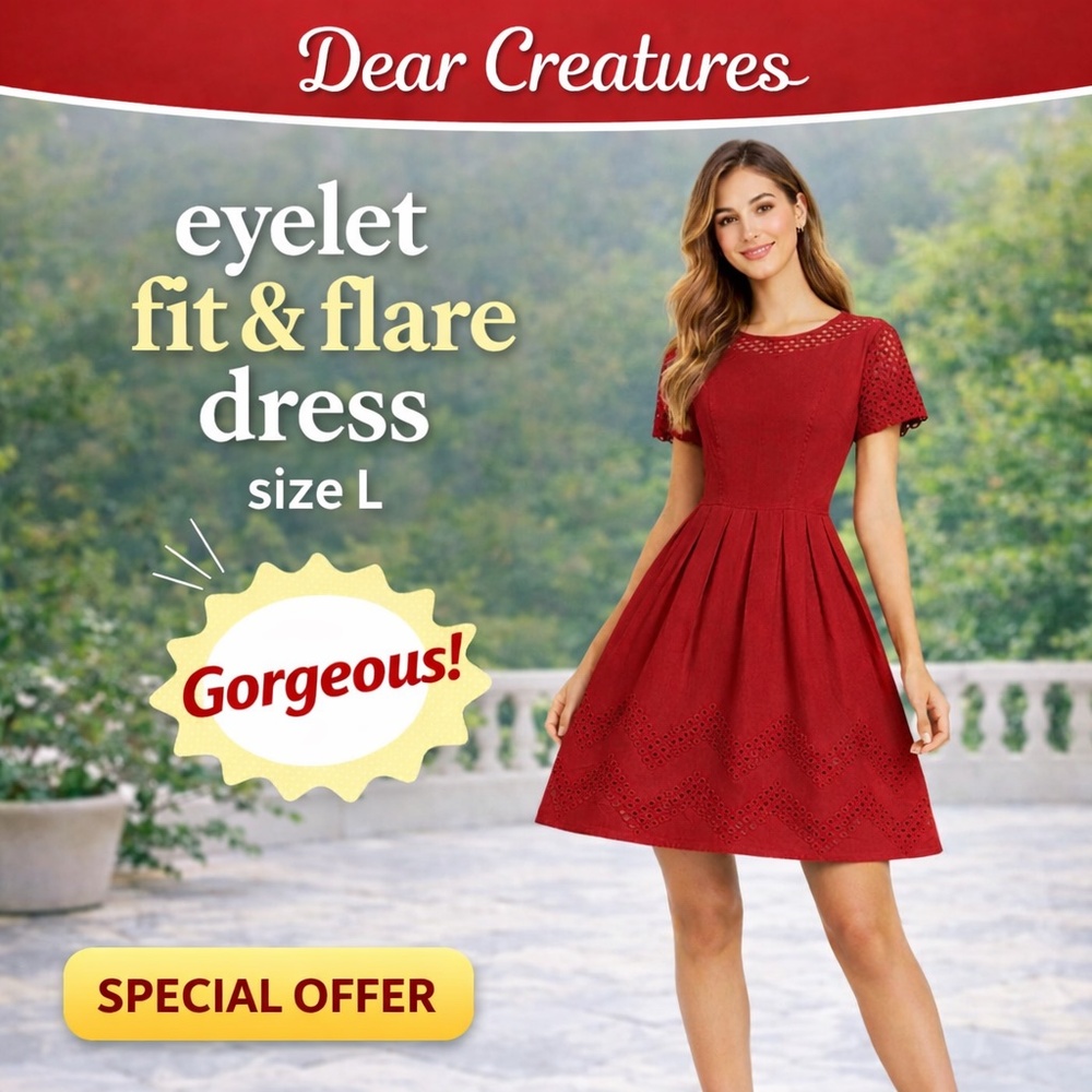 NWT Dear Creatures Red Eyelet Pleated Short Sleeve Fit & Flare Dress Size L